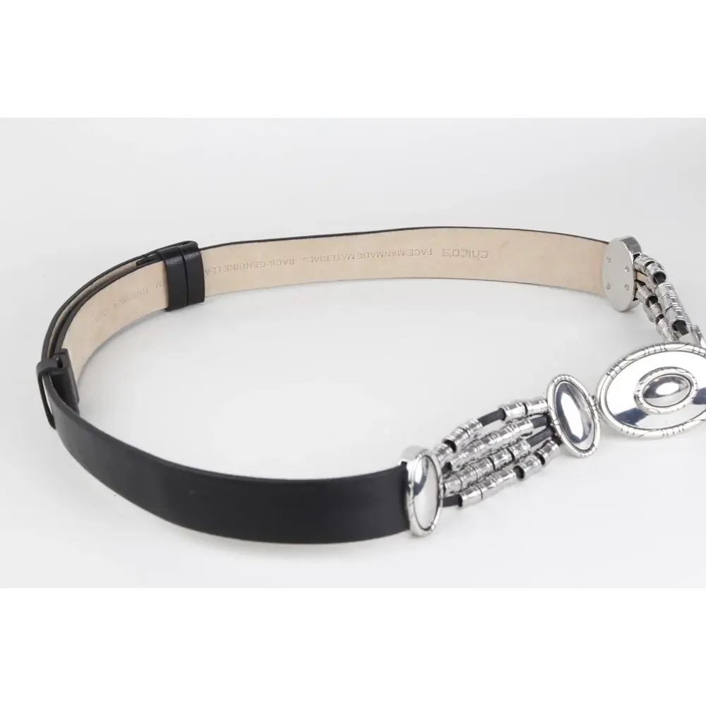Chico’s Black Leather Southwestern Silver Concho Oval Buckle Belt Size S/M Small